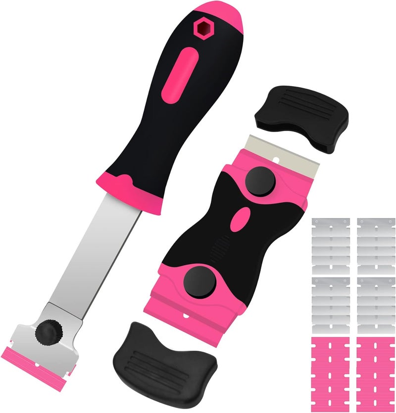 DEKEones Razor Blade Scraper, 2 PCS Razor Scraper Tool for Removing Label, Registration Sticker, Tint, Grease from Windshield, Appliance, Glass（Pink） - Image 1